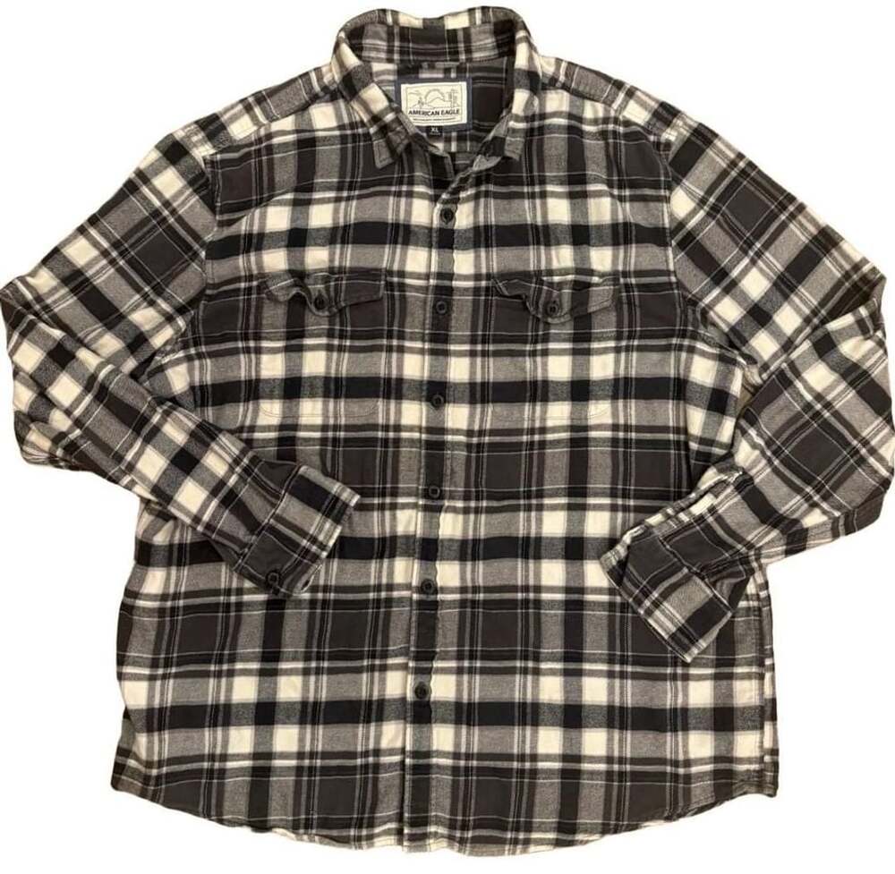 American Eagle Flannel Shirt Mens XL Black White Plaid Long Sleeve Button Cotton